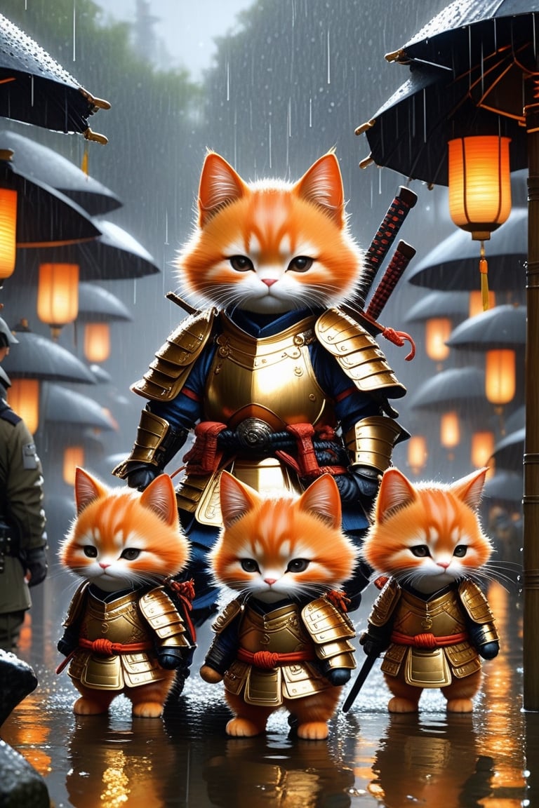 Highly detailed painting, Jean-Baptiste Monge style, a group of cute little orange samurai cats gathered in the rain under samurai armor, splash, glitter, cute and adorable, filigree, lights, ethereal, magic, surreal, fantasy, digital art, ultra hd, hyper-realistic illustration, vibrant colors, UHD, perfect cinematic light, greg rutkowski