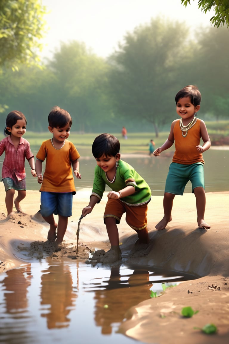 Little boys and girls playing happily on the shore of the pond, with their feet in the mud..t.(indian style).3D,rha30