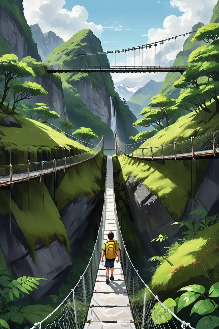 A single foot suspension bridge between two mountains, on which boys go (2boys with yellow backpack, 2girls with black shirts and white t-shirt), closed snow valley and mossy rain forest. Open sky. High altitude. .