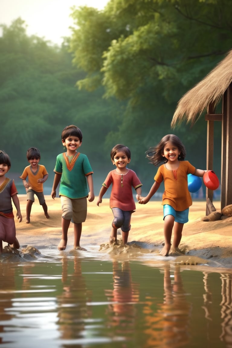 Little boys and girls playing happily on the shore of the pond, with their feet in the mud..t.(indian style).3D,rha30