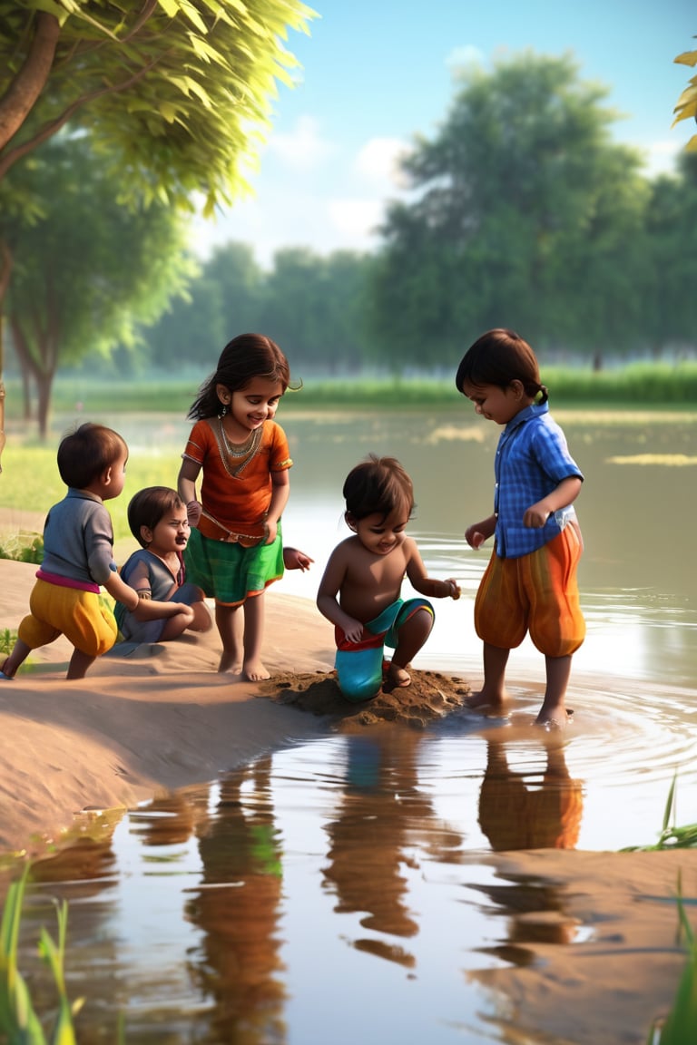 Little boys and girls playing happily on the shore of the pond, with their feet in the mud..t.(indian style).3D,rha30