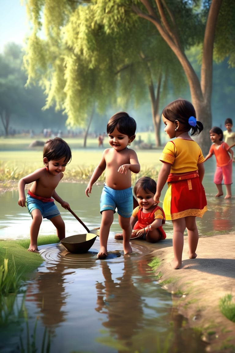 Little boys and girls playing happily on the shore of the pond, with their feet in the mud..t.(indian style).3D,rha30