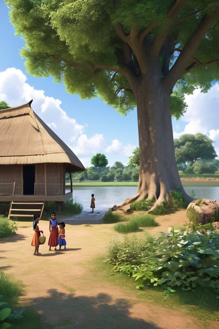 A riverside, with a thatched house and a large rib tree near it. Four girls and one boy are playing. In the back, mom and dad farm...t.(indian style).3D,rha30