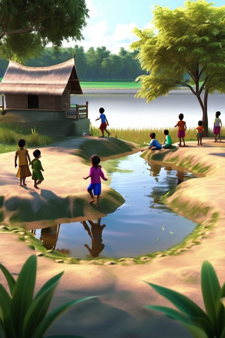 Little boys and girls playing happily on the shore of the pond, with their feet in the mud..t.(indian style).3D,rha30