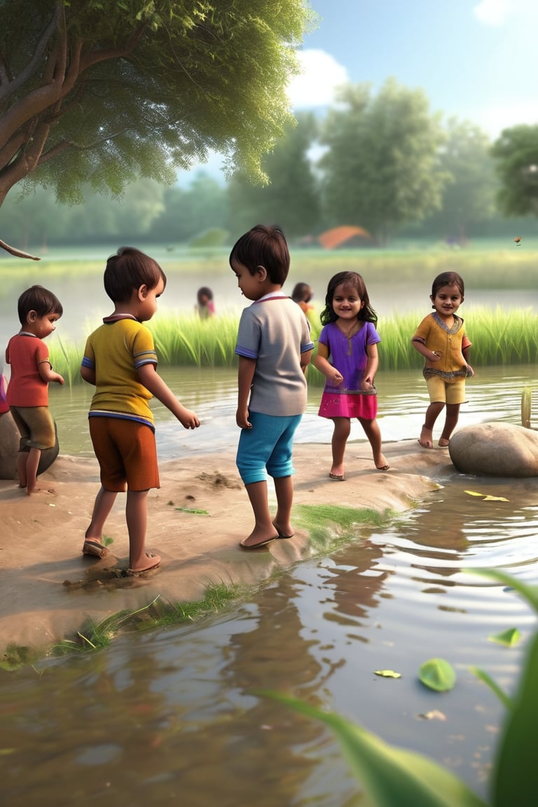 Little boys and girls playing happily on the shore of the pond, with their feet in the mud..t.(indian style).3D,rha30