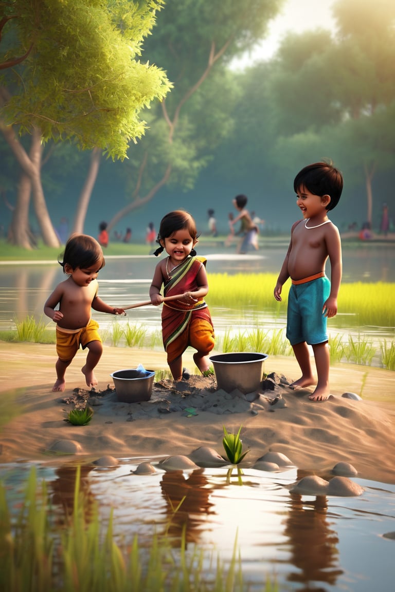 Little boys and girls playing happily on the shore of the pond, with their feet in the mud..t.(indian style).3D,rha30