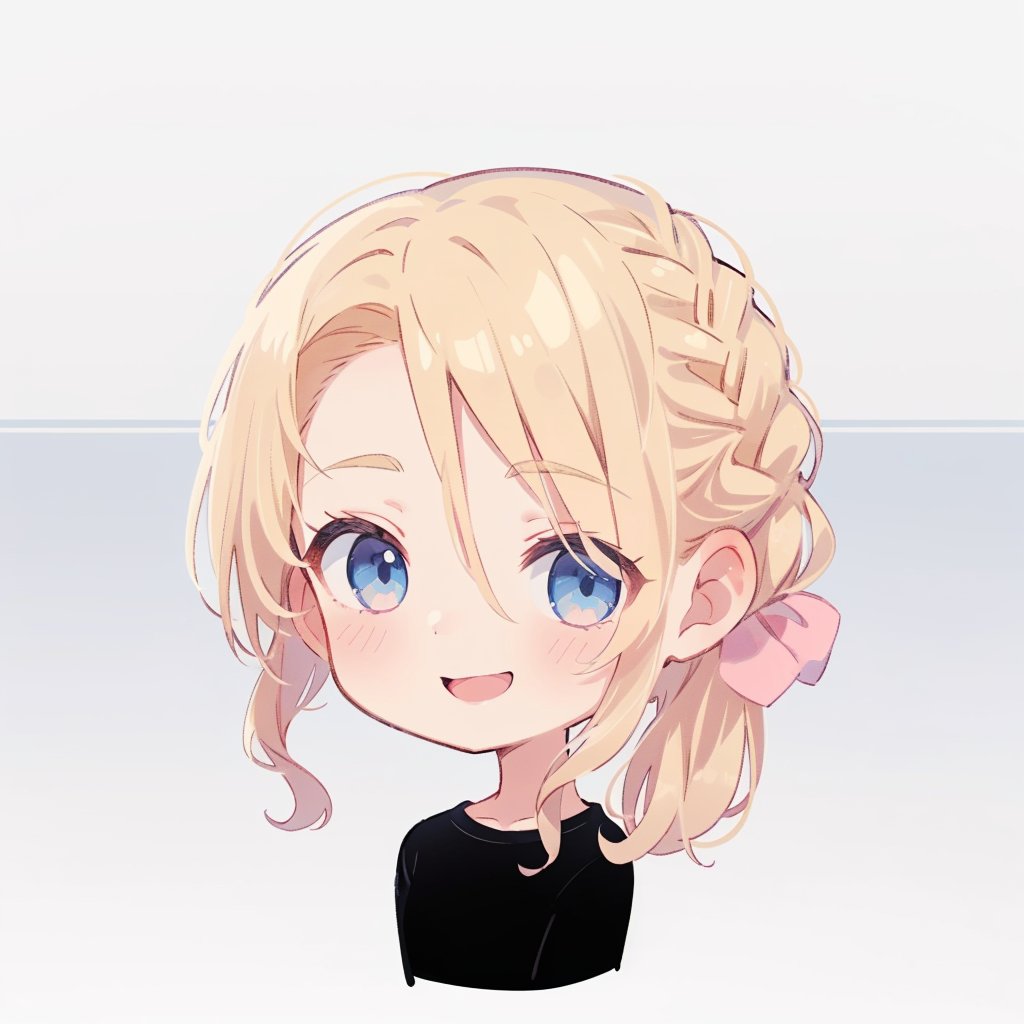 1girl, solo, blue eyes, blonde hair, shirt, hair ornament, braid, smile, pink scrunchi, chibi, black shirt, french_braid, curly_hair, eye covered with hair