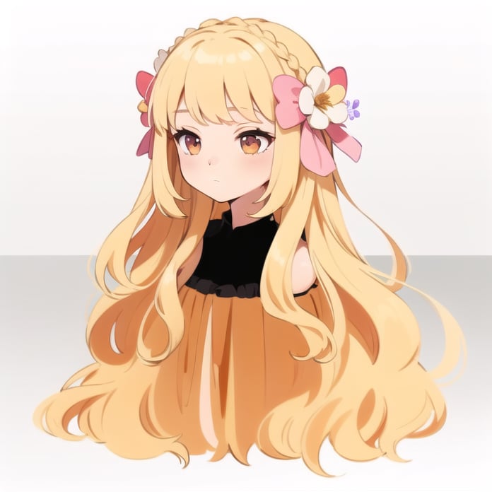 1girl, solo, long hair, bangs, blonde hair, shirt, hair ornament, bow, very long hair, upper body, braid, flower, hair bow, hair flower, chibi, black shirt, wavy hair, pink bow, faceless, crown braid, bust, very long hair, mannequin