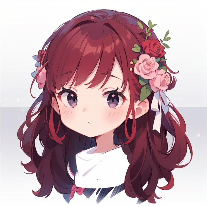 1girl, solo, long hair, looking at viewer, bangs, red hair, redhead, hair ornament, ribbon, closed mouth, hair ribbon, flower, hair flower, black eyes, rose, portrait, pink flower, cropped torso, black eyes, curly hair