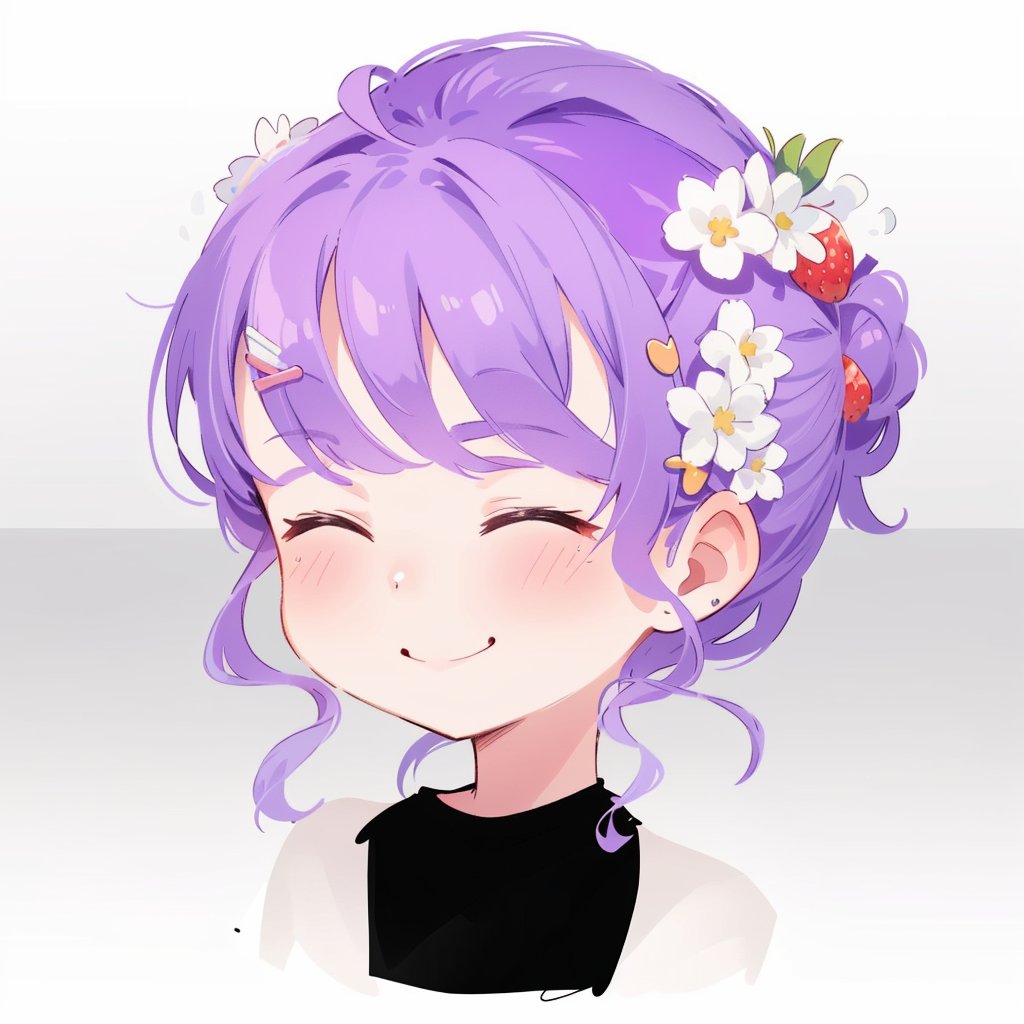 1girl, solo, blush, smile, bangs, shirt, hair ornament, white background, closed mouth, closed eyes, purple hair, flower, ahoge, food, hairclip, hair flower, grey background, black shirt, fruit, white flower, portrait, strawberry, food-themed hair ornament, strawberry hair ornament