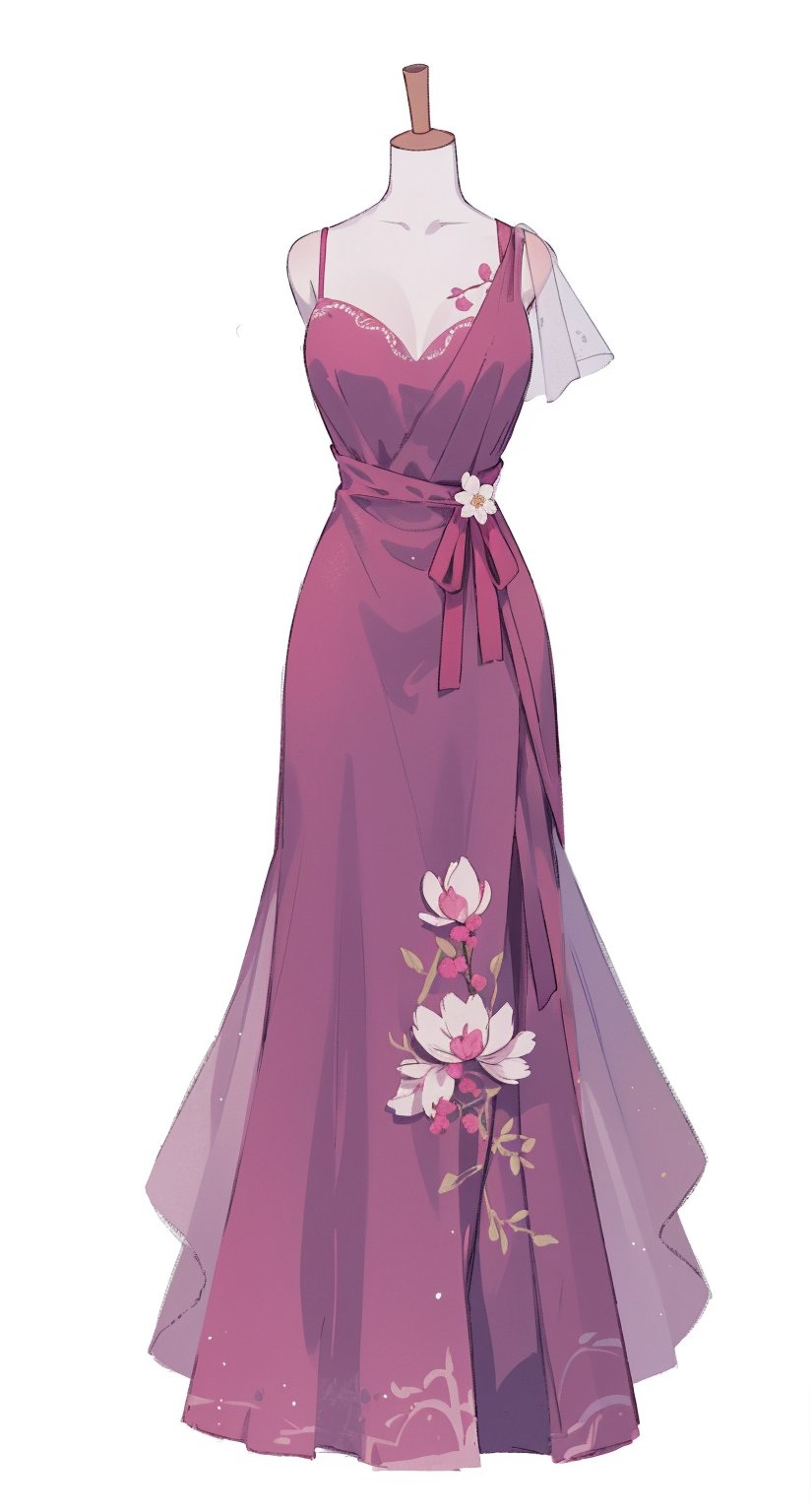 no humans, solo, simple background, white background, dress, bare shoulders, standing, fuchsia dress, long dress, mannequin, magnolia, gown with cape, asymmetrical_dress