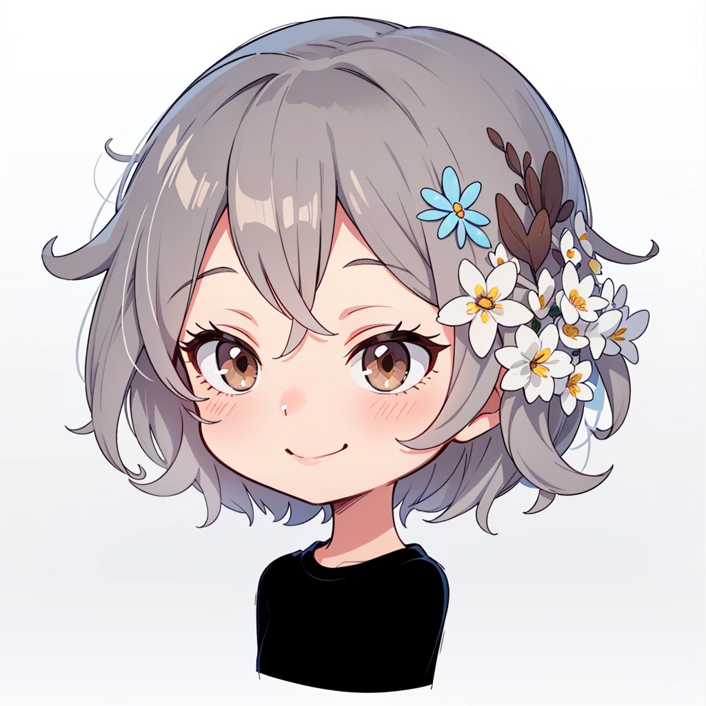 1girl, solo, smile, short hair, simple background, shirt, hair ornament, brown eyes, closed mouth, upper body, flower, light grey hair, hair flower, black shirt, white flower