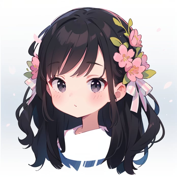 1girl, solo, long hair, looking at viewer, bangs, black hair, brunette, hair ornament, ribbon, closed mouth, hair ribbon, flower, hair flower, black eyes, cherry_blossom, sakura, portrait, pink flower, cropped torso, black eyes, curly hair