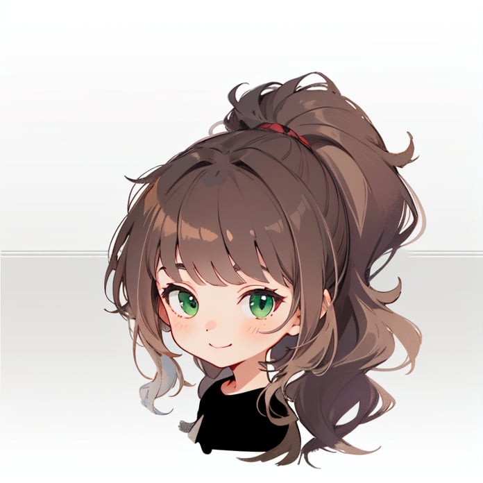 1girl, solo, long hair, looking at viewer, small smile, bangs, simple background, brown hair, shirt, white background, green eyes, upper body, ponytail, grey background, black shirt, messy hair, sloppy ponytail