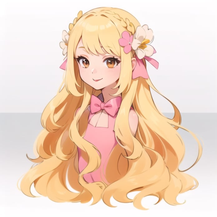 1girl, solo, long hair, smile, blonde hair, hair ornament, dress, bow, ribbon, brown eyes, very long hair, braid, flower, hair bow, hair flower, wavy hair, pink dress