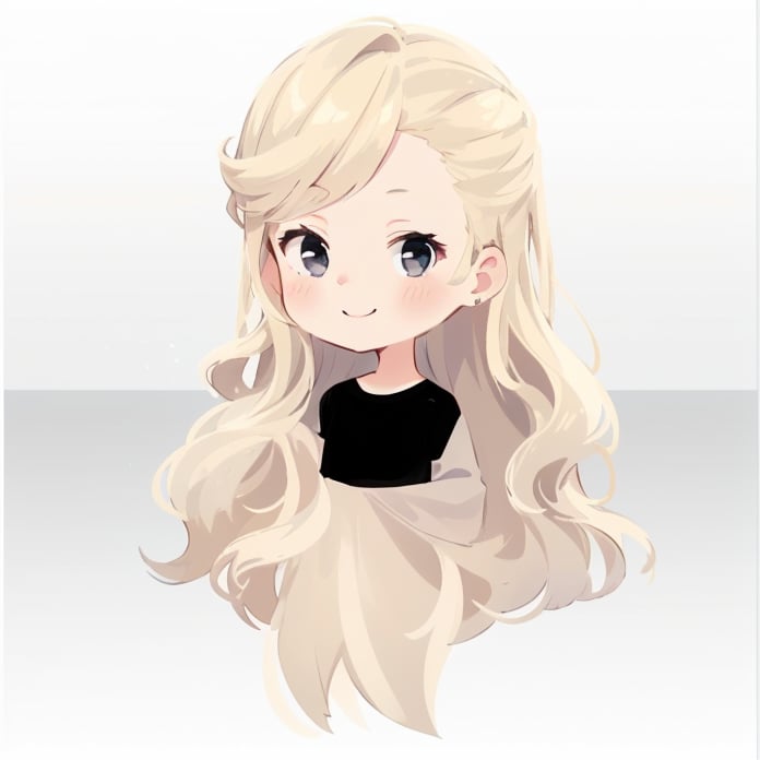 1girl, solo, long hair, looking at viewer, smile, blonde hair, simple background, shirt, white background, dress, very long hair, upper body, grey background, chibi, black eyes, black shirt, cropped torso, hair_pulled_to_the_side