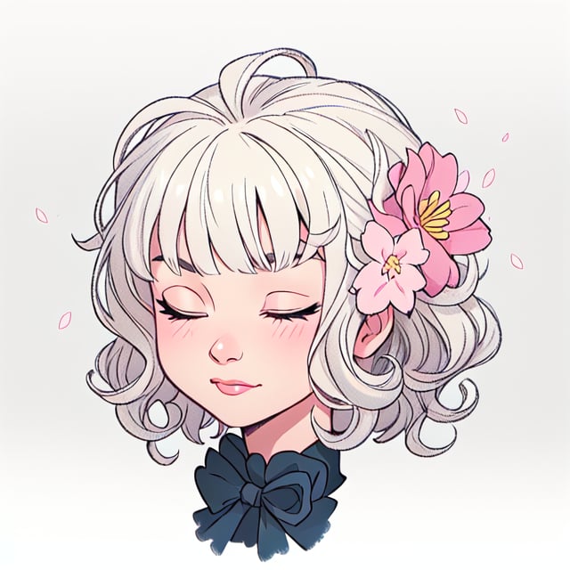 1girl, solo, short hair, bangs, simple background, hair ornament, white background, upper body, sakura flower, hair accessories, grey background, curly hair, pink flower, eyes closed, curls, bobbed_hair, perm