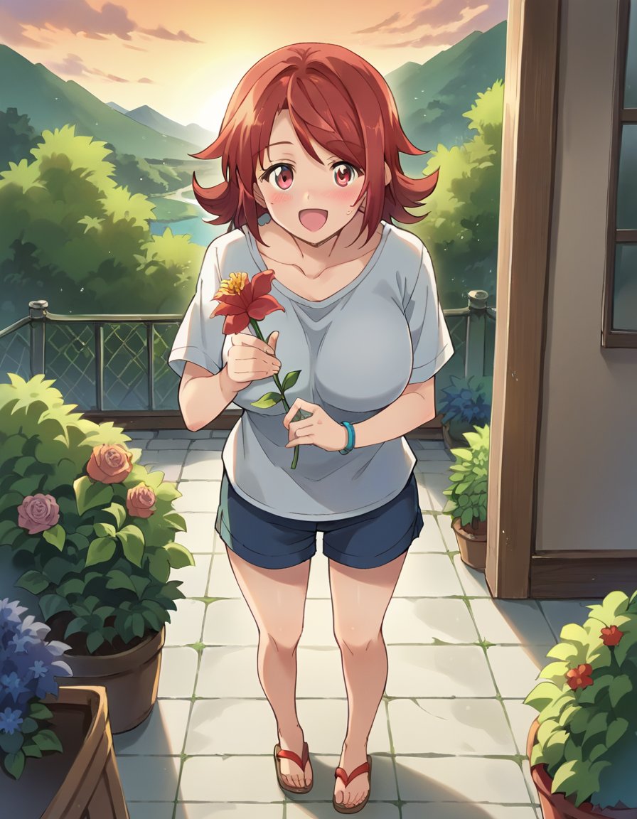 score_9, score_8_up, score_7_up, score_6_up, source_anime, 1girl, solo, retto enjou, red hair, solo, short hair, red eyes, large breasts, oversized shirt, shorts, sandals, holding flower, happy, blush, sunset, cliff, garden, from above