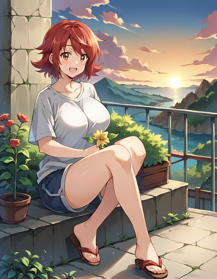 score_9, score_8_up, score_7_up, score_6_up, source_anime, 1girl, solo, retto enjou, red hair, solo, short hair, red eyes, large breasts, oversized shirt, shorts, sandals, skindentation, holding flower, happy, blush, sunset, cliff, garden