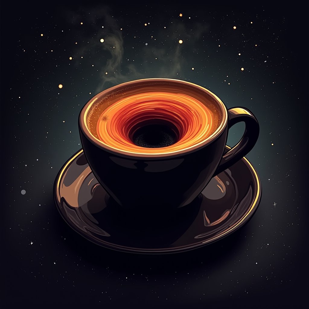 illustration of a black espresso cup, the cup is surrounded by a dark cosmic background, a black hole can be seen inside the coffee, accretion disk, swirling colors, red, orange, yellow, stars, distant galaxies, in a panned camera angle