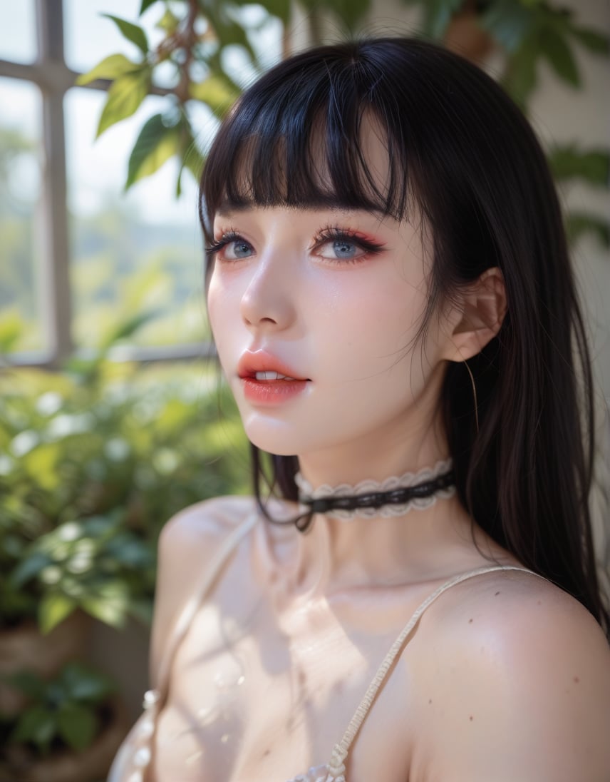 ,score_9,score_8_up,score_7,face001,1girl,solo,choker,black hair,parted lips,bangs,simple background,makeup,lips,Best Quality, 8k, 32k, Masterpiece, UHD,natural light, sun light, light rays, dappled light, ray tracing,