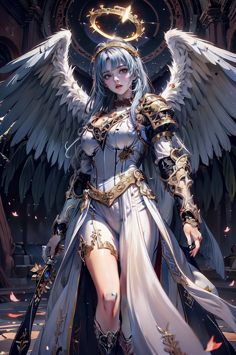 triumphant demon girl, roccoco irridescent fallen demon, cute young angel girl, reah, long blue hair, black large wings, paradise, angel beaty, beatiful, 8k, oktavian render, high quality, masterpiece, dynamic pose, hot girl, praising, dark background, nimb, cinemathic scene, shiny, an angel wearing gold, red and silver crystal armor, heaven background, glowing halo around head, white feathered wings, centered key visual highly detailed breathtaking beauty precise lineart vibrant comprehensive cinematic, dynamic pose, best quality, 8k, golden hour,angel_wings