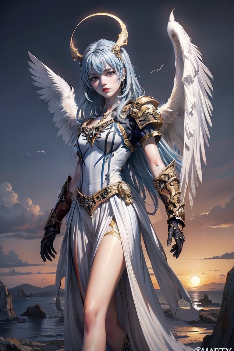 triumphant demon girl, roccoco irridescent fallen demon, cute young angel girl, reah, long blue hair, black large wings, paradise, angel beaty, beatiful, 8k, oktavian render, high quality, masterpiece, dynamic pose, hot girl, praising, dark background, nimb, cinemathic scene, shiny, an angel wearing gold, red and silver crystal armor, heaven background, glowing halo around head, white feathered wings, centered key visual highly detailed breathtaking beauty precise lineart vibrant comprehensive cinematic, dynamic pose, best quality, 8k, golden hour,angel_wings,demonhorns,Demon,demon girl