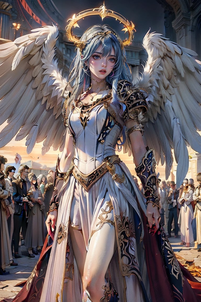 triumphant angel girl, roccoco irridescent fallen angel, cute young angel girl, reah, long blue hair, red large wings, paradise, angel beaty, beatiful, 8k, oktavian render, high quality, masterpiece, dynamic pose, hot girl, praising, dark background, nimb, cinemathic scene, shiny, an angel wearing gold, red and silver crystal armor, heaven background, glowing halo around head, white feathered wings, centered key visual highly detailed breathtaking beauty precise lineart vibrant comprehensive cinematic, dynamic pose, best quality, 8k, golden hour,angel_wings