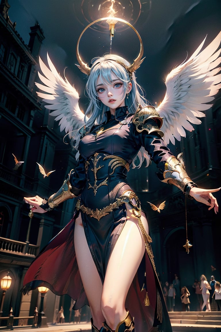 triumphant demon girl, roccoco irridescent fallen demon, cute young angel girl, reah, long blue hair, black large wings, paradise, angel beaty, beatiful, 8k, oktavian render, high quality, masterpiece, dynamic pose, hot girl, praising, dark background, nimb, cinemathic scene, shiny, an angel wearing gold, red and silver crystal armor, heaven background, glowing halo around head, white feathered wings, centered key visual highly detailed breathtaking beauty precise lineart vibrant comprehensive cinematic, dynamic pose, best quality, 8k, golden hour,angel_wings,demonhorns,Demon,demon girl,SMTAngel,angel,KOFAngel