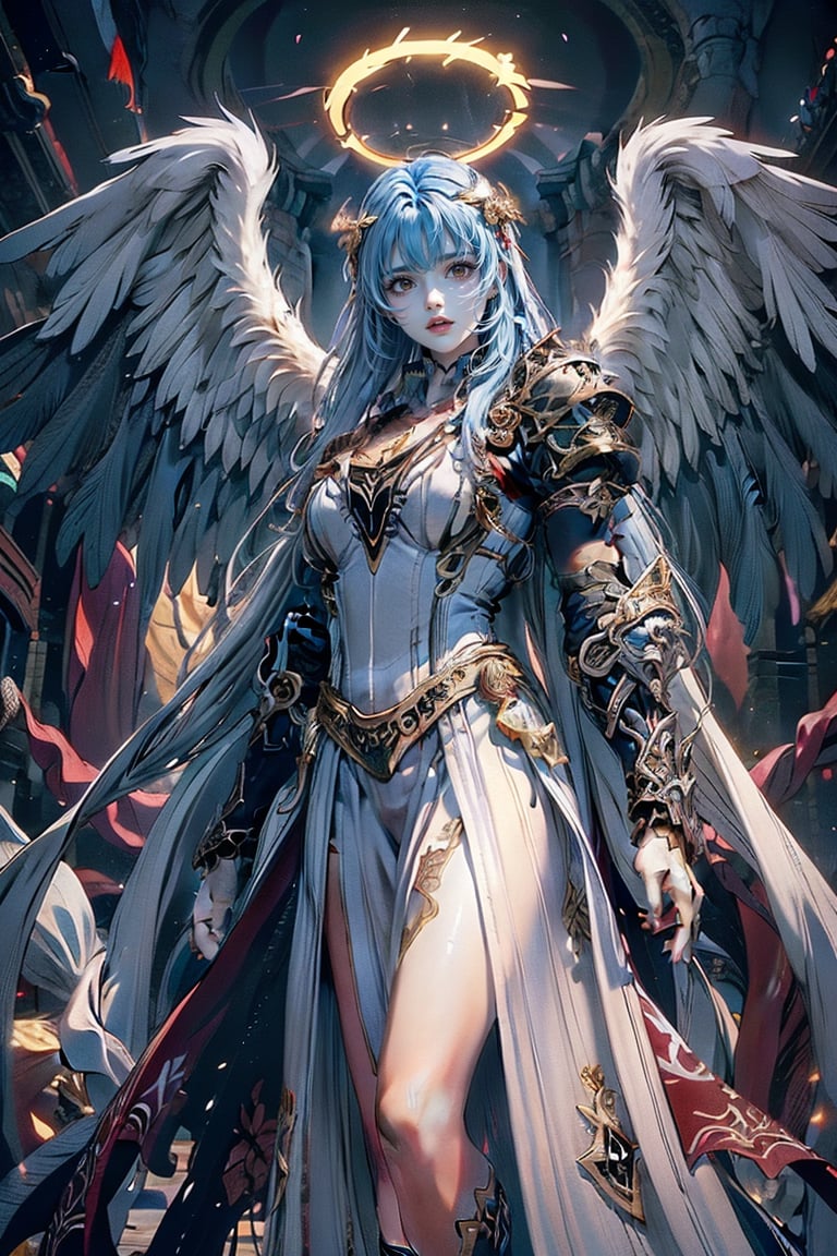 triumphant demon girl, roccoco irridescent fallen demon, cute young angel girl, reah, long blue hair, black large wings, paradise, angel beaty, beatiful, 8k, oktavian render, high quality, masterpiece, dynamic pose, hot girl, praising, dark background, nimb, cinemathic scene, shiny, an angel wearing gold, red and silver crystal armor, heaven background, glowing halo around head, white feathered wings, centered key visual highly detailed breathtaking beauty precise lineart vibrant comprehensive cinematic, dynamic pose, best quality, 8k, golden hour,angel_wings