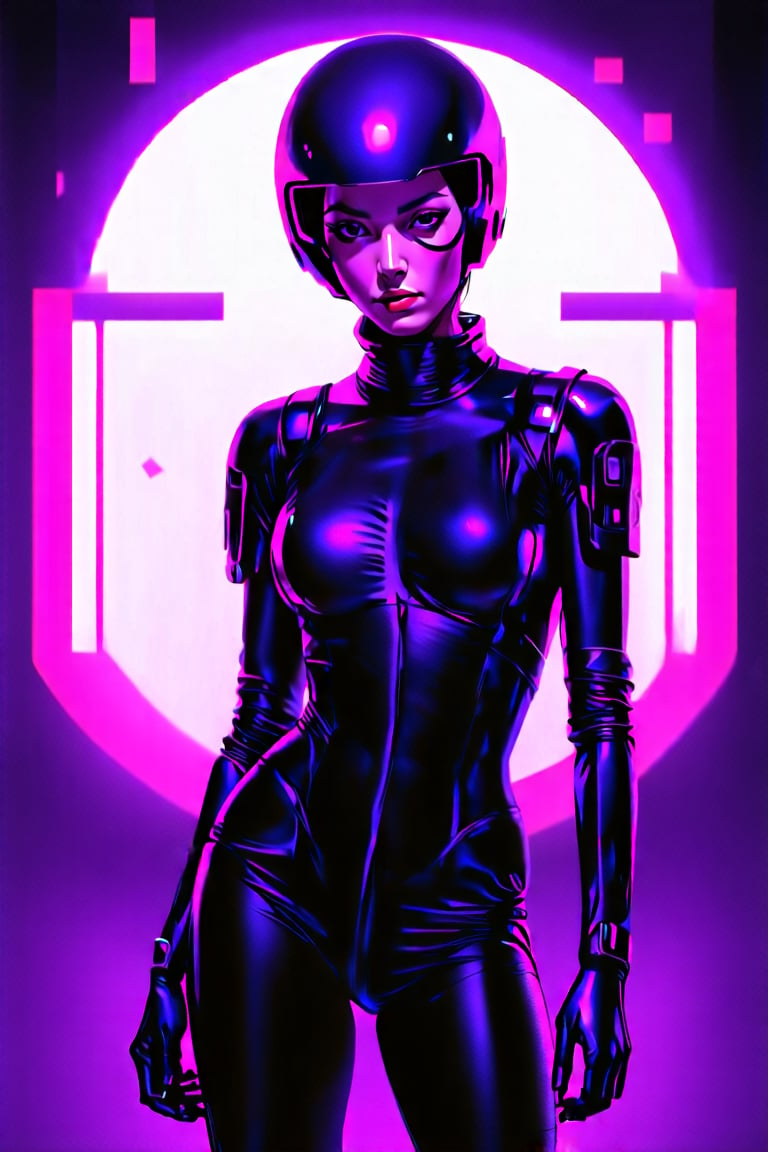 A 23-year-old Asian woman donning a sleek futuristic helmet stands poised against an abstract backdrop of neon hues and geometric shapes, reminiscent of Neo-Tokyo. Dynamic lighting casts a vivid glow on her features, while Syd Mead-inspired metallic accents adorn her attire. Vibrant colors and intricate details come together in a high-resolution digital painting, blending H.R. Giger's biomechanics with the cyberpunk aesthetic.