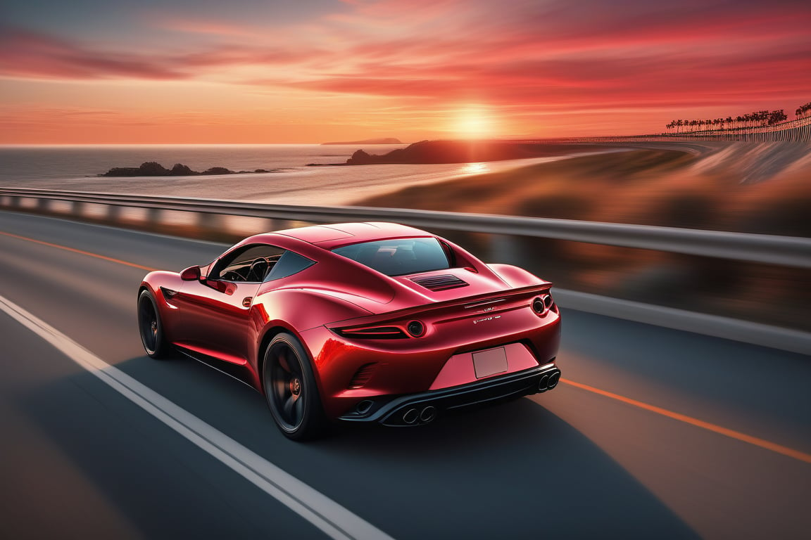 A sleek, red sports car speeding down a coastal highway at sunset, captured in a medium shot with a Nikon D850 using a 35mm lens. The scene is rendered in 8K resolution, photorealistic, with vibrant HDR colors, and a cinematic flare.