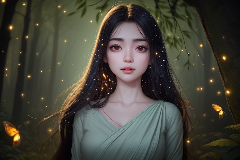 A serene woman stands amidst ancient trees, her long hair flowing like leaves in the gentle breeze. The ambient glow of bioluminescent fireflies dances around her, their soft light illuminating her ethereal features. Framed by towering trunks and vibrant foliage, she exudes tranquility as the insects' peaceful flight surrounds her. Close up capture