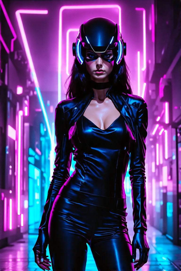 A 23-year-old Asian woman donning a sleek futuristic helmet stands poised against an abstract backdrop of neon hues and geometric shapes, reminiscent of Neo-Tokyo. Dynamic lighting casts a vivid glow on her features, while Syd Mead-inspired metallic accents adorn her attire. Vibrant colors and intricate details come together in a high-resolution digital painting, blending H.R. Giger's biomechanics with the cyberpunk aesthetic.