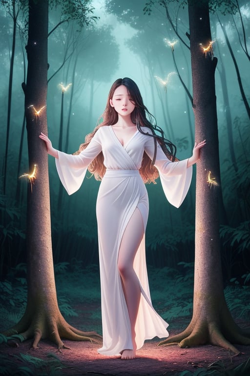 A serene woman stands amidst ancient trees, her long hair flowing like leaves in the gentle breeze. The ambient glow of bioluminescent fireflies dances around her, their soft light illuminating her ethereal features. Framed by towering trunks and vibrant foliage, she exudes tranquility as the insects' peaceful flight surrounds her. Full body capture