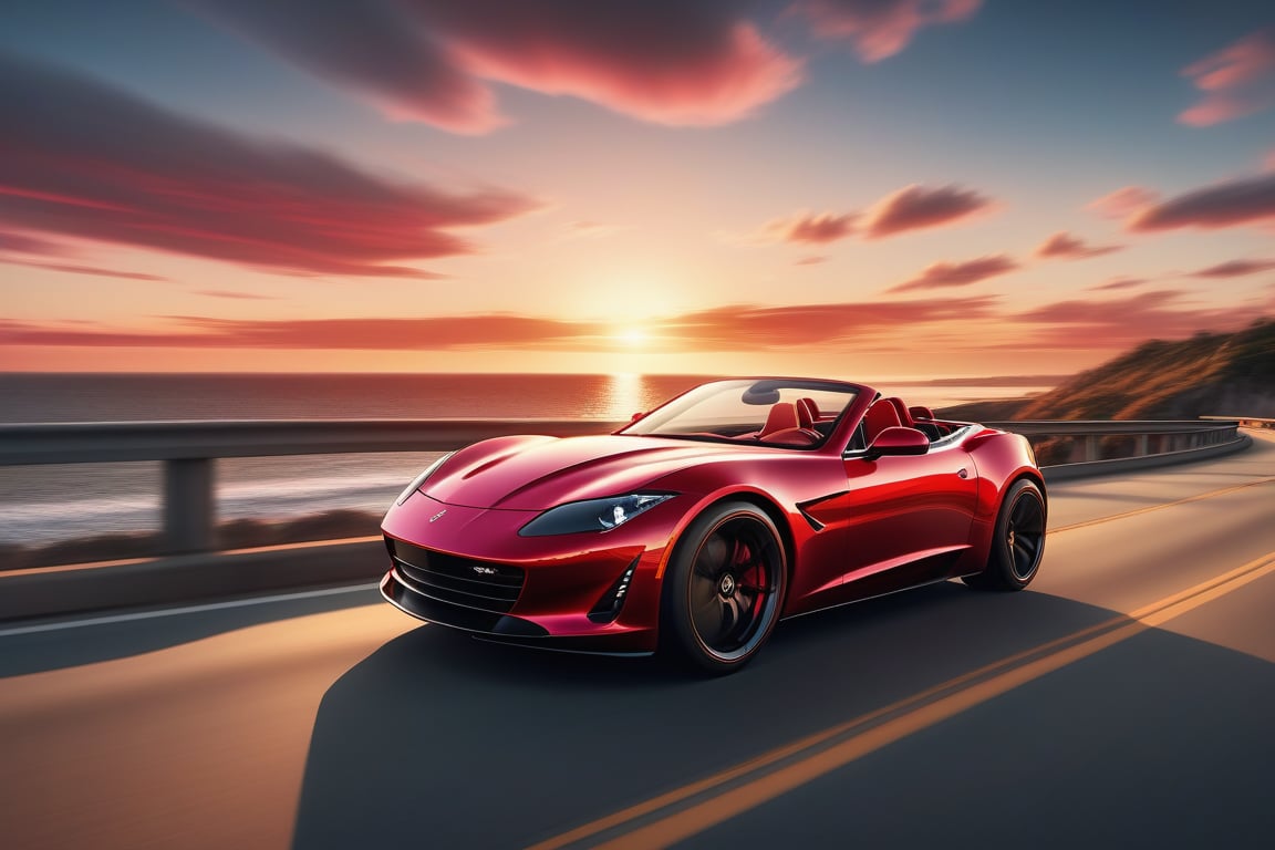 A sleek, red sports car speeding down a coastal highway at sunset, captured in a medium shot with a Nikon D850 using a 35mm lens. The scene is rendered in 8K resolution, photorealistic, with vibrant HDR colors, and a cinematic flare.