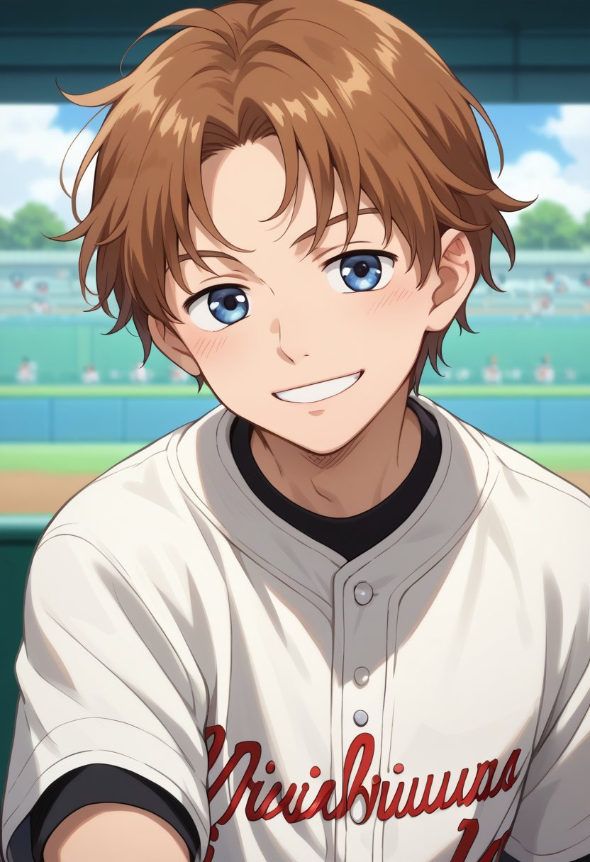 score_9, score_8_up, score_7_up, masterpiece, best quality, extremely detailed,highres,detailed beautiful face and eyes, male focus,solo
BREAK,fumiki,brown hair, smile,baseball uniform,blue eyes,