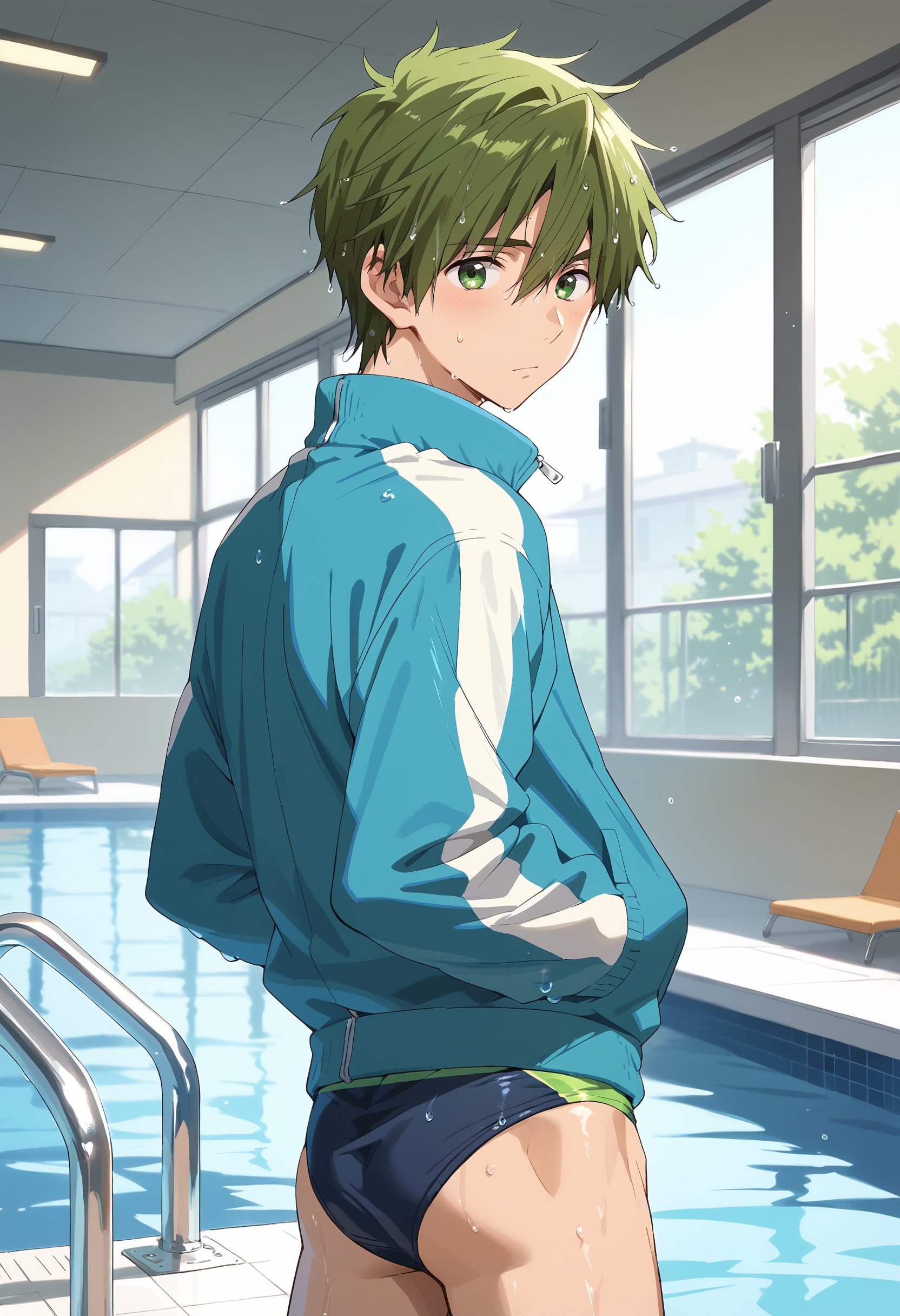 score_9, score_8_up, score_7_up, masterpiece, best quality, extremely detailed,highres,detailed beautiful face and eyes, male focus,solo
BREAK,Makoto_Tachibana,Green eyes,Olive green hair
BREAK,blue track jacket,male swimwear,swim briefs,speedo
BREAK,wet hair,sweat_drops,
BREAK,looking back,
BREAK,indoors,pool,