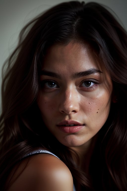 A young latin woman with luscious wavy brown hair, FACE CLOSEUP, POTRAIT. Framed by the EOS 5D Canon Mark IV lens, the dynamic composition captures the fusion of modernity and whimsy.,du4l1p4,photorealistic