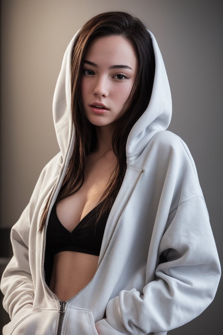 a beautiful fair skin young women, hot figure, pounding front wearing oversized hoodie with zipper, flashing, realism potrait , realistic image ,photorealistic