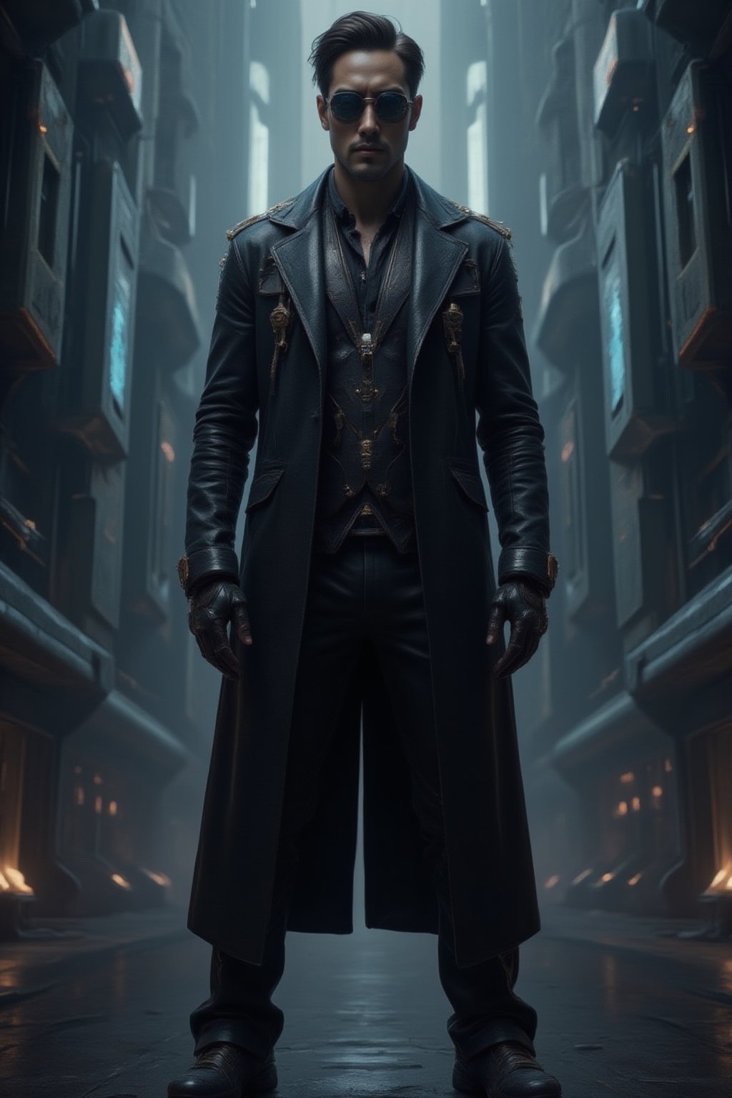 A man wearing sleek black sunglasses and a long, flowing black leather trench coat, reminiscent of characters from The Matrix. He stands confidently with a stoic expression, exuding a sense of mystery and power. His outfit is detailed with futuristic touches, such as subtle metallic accents and cybernetic enhancements. The background is a dark, dystopian city with neon lights, towering skyscrapers, and digital rain falling, evoking a cyberpunk atmosphere.,FuturEvoLabArmor