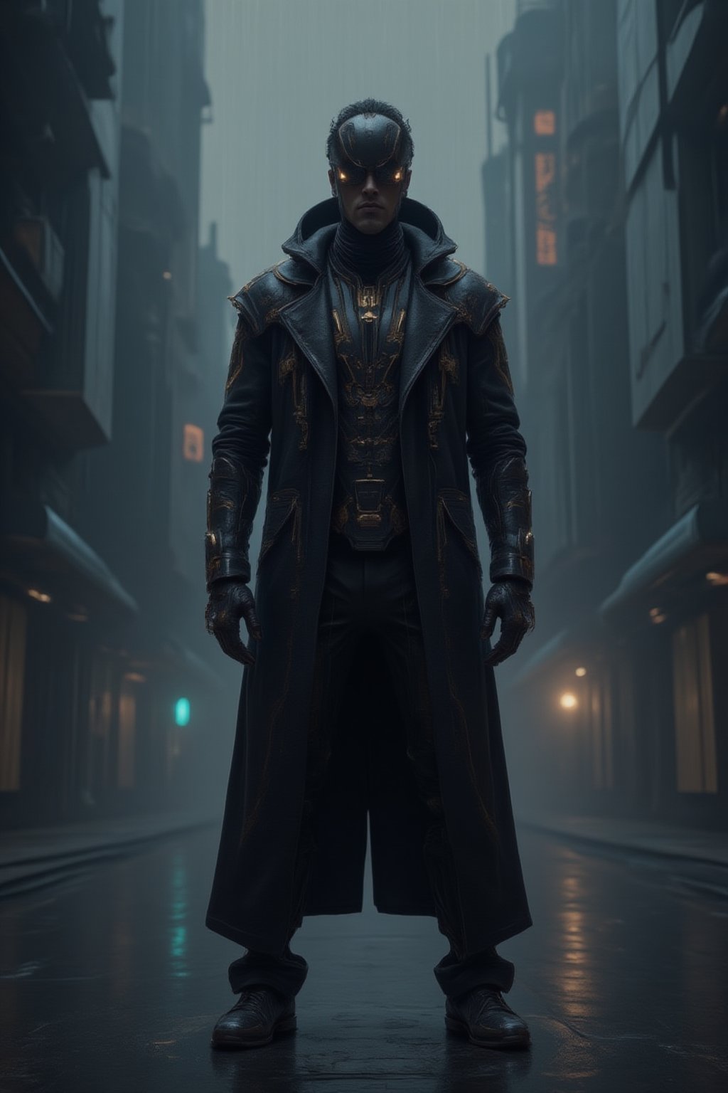 A man wearing sleek black sunglasses and a long, flowing black leather trench coat, reminiscent of characters from The Matrix. He stands confidently with a stoic expression, exuding a sense of mystery and power. His outfit is detailed with futuristic touches, such as subtle metallic accents and cybernetic enhancements. The background is a dark, dystopian city with neon lights, towering skyscrapers, and digital rain falling, evoking a cyberpunk atmosphere.,FuturEvoLabArmor