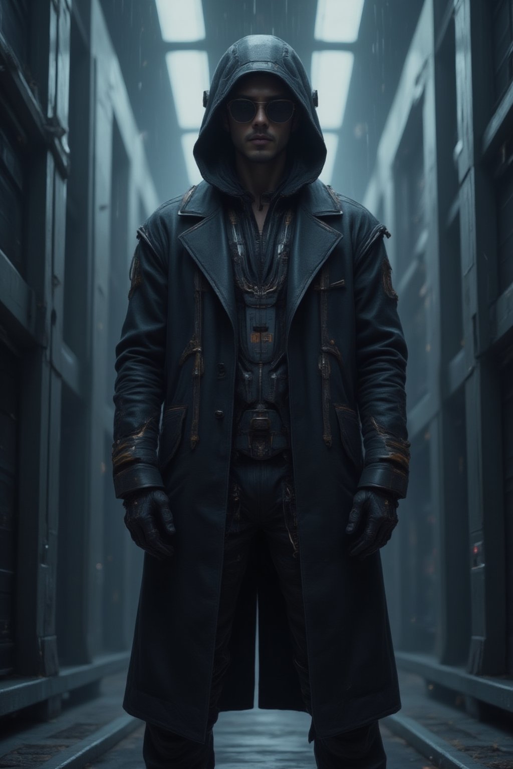 A man wearing sleek black sunglasses and a long, flowing black leather trench coat, reminiscent of characters from The Matrix. He stands confidently with a stoic expression, exuding a sense of mystery and power. His outfit is detailed with futuristic touches, such as subtle metallic accents and cybernetic enhancements. The background is a dark, dystopian city with neon lights, towering skyscrapers, and digital rain falling, evoking a cyberpunk atmosphere.,FuturEvoLabGirl,multiple women,FuturEvoLabScene