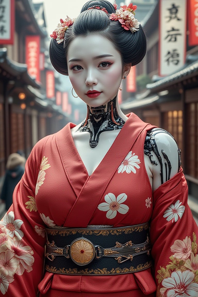 highly detailed cyborg geisha with a high-gloss finish. She has a glossy white plastic face and body, perfectly blending human beauty with robotic precision. Her mechanical arms and legs, along with a cyborg neck and exposed circuitry, are seamlessly integrated into her form. She wears a red kimono with a floral pattern, paired with a black and gold Obi. The background is a cyberpunk Gion in Kyoto city, combining traditional Japanese aesthetics with advanced technology.