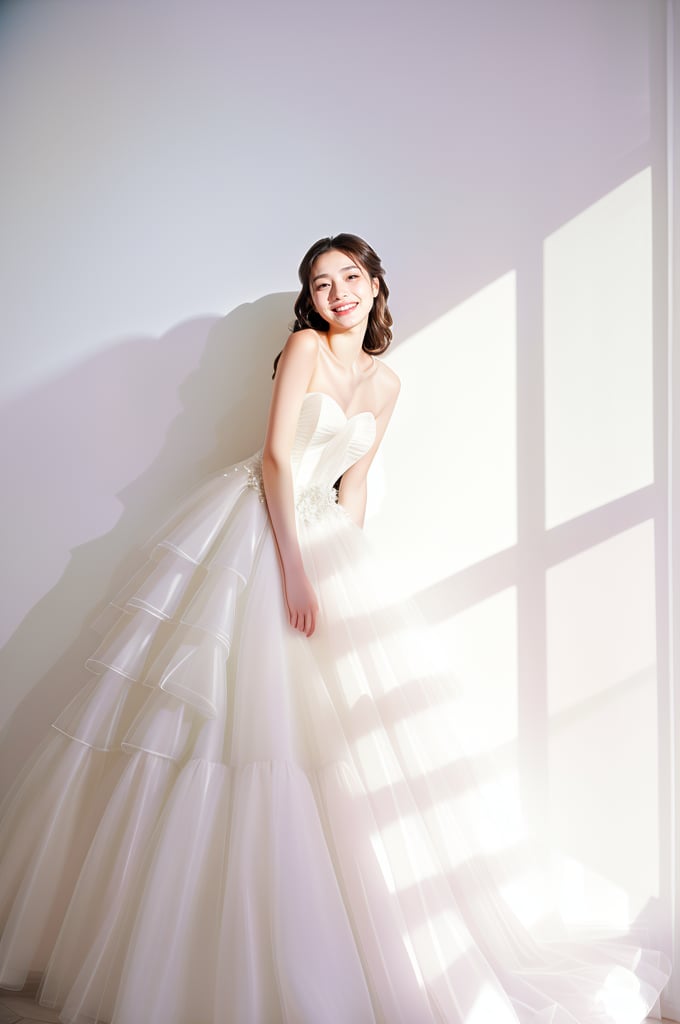 A radiant scene featuring a young woman in a strapless white gown that exudes joy and elegance. The dress, with its flowing layers of tulle, creates a soft, ethereal effect. The woman stands in front of a bright, sunlit window, casting soft shadows on the wall. Her joyful expression, with a wide smile and closed eyes, captures a moment of pure happiness and contentment. The minimalist white background enhances the simplicity and beauty of the scene, emphasizing the play of light and shadow. The overall atmosphere is one of serene joy and timeless elegance, capturing a moment of blissful radiance.