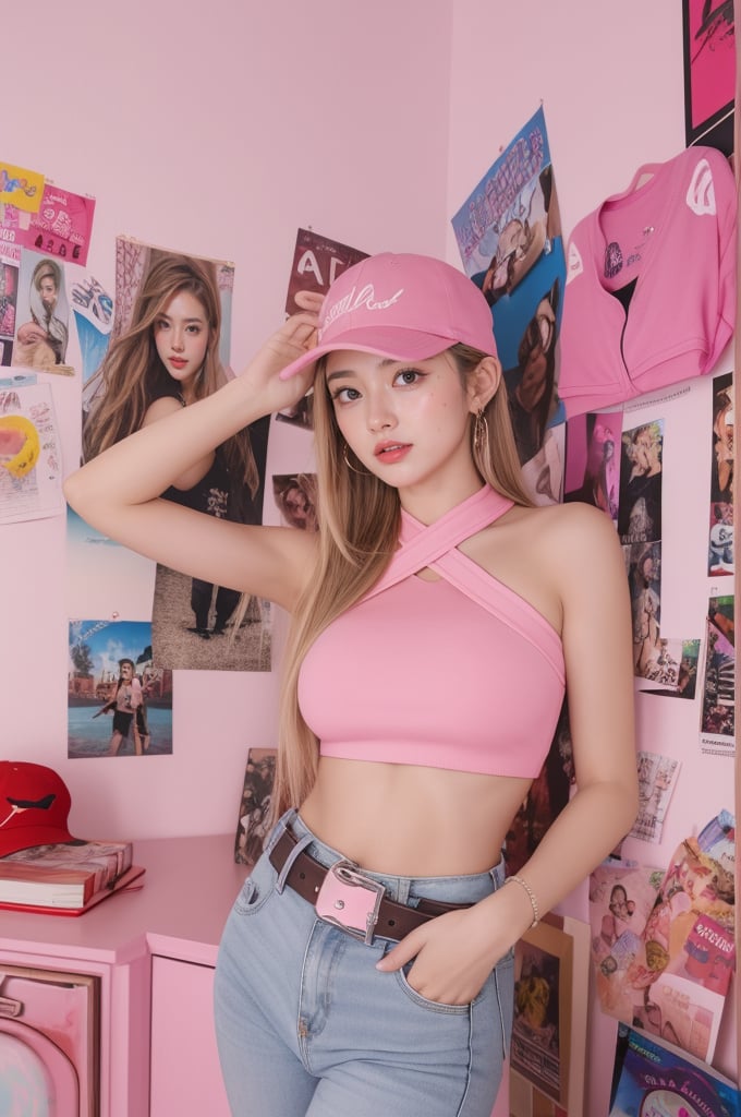 A vibrant and stylish portrait of a young woman in a playful pose. She is wearing a trendy pink halter top that complements her long, straight blonde hair. A pink cap with a unique logo adds a sporty touch to her outfit. Her high-waisted jeans feature a fashionable belt with a heart-shaped buckle. She strikes a pose with one hand adjusting her cap and her lips puckered in a playful expression. The background is filled with colorful posters and photos, creating a lively and dynamic atmosphere, enhanced by a pinkish glow that highlights her confident and trendy look.