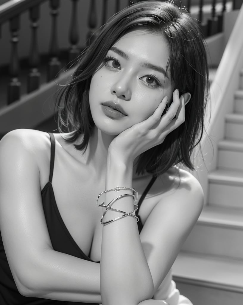 A captivating black-and-white portrait of a young woman with short, wavy hair, sitting thoughtfully on a staircase. She wears a simple, elegant spaghetti strap top, revealing her slender arms. Her expression is one of deep contemplation, with her left hand thoughtfully resting on her chin, and her fingers gently touching her lips. Her right hand is placed delicately on her arm. The thin bracelet on her wrist adds a touch of elegance to her minimalist look. The background features the blurred, ascending steps, creating a sense of depth and texture in the image. This photograph beautifully captures a moment of introspective allure, highlighting her natural beauty and the subtle emotions conveyed through her expressive eyes and thoughtful pose, 8k, masterpiece, ultra-realistic, best quality, high resolution, high definition,fancy light,Realistic