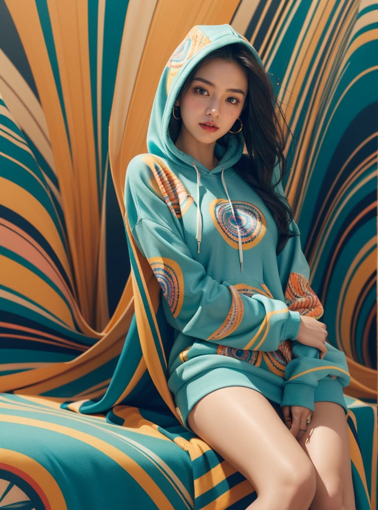 A stunning portrait of a young woman dressed in a vibrant, multicolored hoodie with swirling patterns of blue, orange, and teal. Her long, flowing hair cascades down her shoulders, complementing the intricate design of her outfit. The background mirrors the psychedelic patterns of her attire, creating a seamless, mesmerizing effect. The woman's expression is calm and confident, her gaze directed towards the viewer. The overall scene exudes a sense of bold, artistic flair and modern fashion.