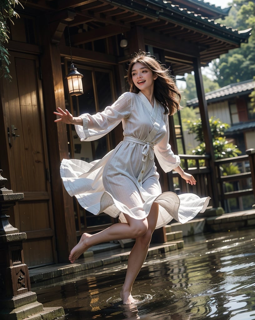 A young woman with long dark hair dances joyfully in the rain, wearing a flowing white dress that billows around her. The scene is set in a traditional Japanese setting, with wooden buildings and soft, warm lighting from lanterns. Her expression is one of pure happiness and freedom, as she twirls barefoot in the wet, glistening courtyard. The atmosphere captures a moment of serene beauty and carefree spirit, evoking a sense of nostalgia and the simple pleasures of life, Realistic