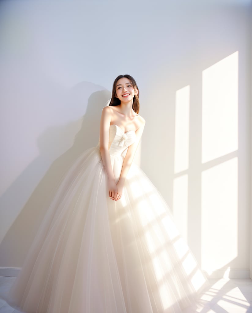 A radiant scene featuring a young woman in a strapless white gown that exudes joy and elegance. The dress, with its flowing layers of tulle, creates a soft, ethereal effect. The woman stands in front of a bright, sunlit window, casting soft shadows on the wall. Her joyful expression, with a wide smile and closed eyes, captures a moment of pure happiness and contentment. The minimalist white background enhances the simplicity and beauty of the scene, emphasizing the play of light and shadow. The overall atmosphere is one of serene joy and timeless elegance, capturing a moment of blissful radiance.